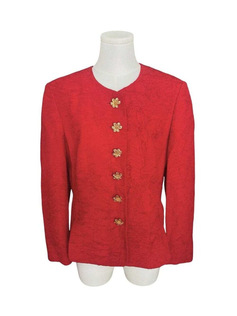 Vintage Akris Silk Blazer Jacket Sz 8 Red w Gold Toned Floral Buttons